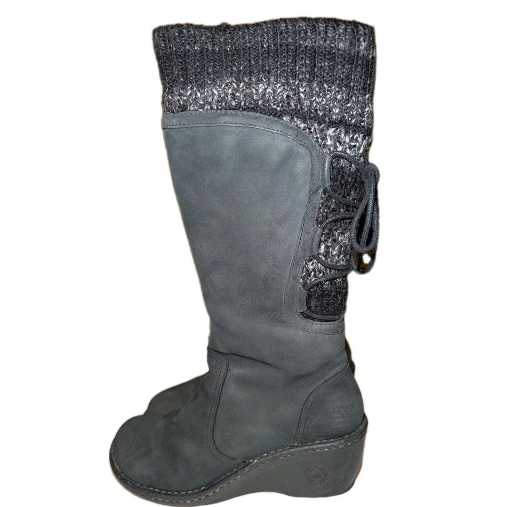 UGG Women's Skylair Tall Black Suede Leather Sheepskin Lined Wedge Boots Size 7 - Picture 2 of 11